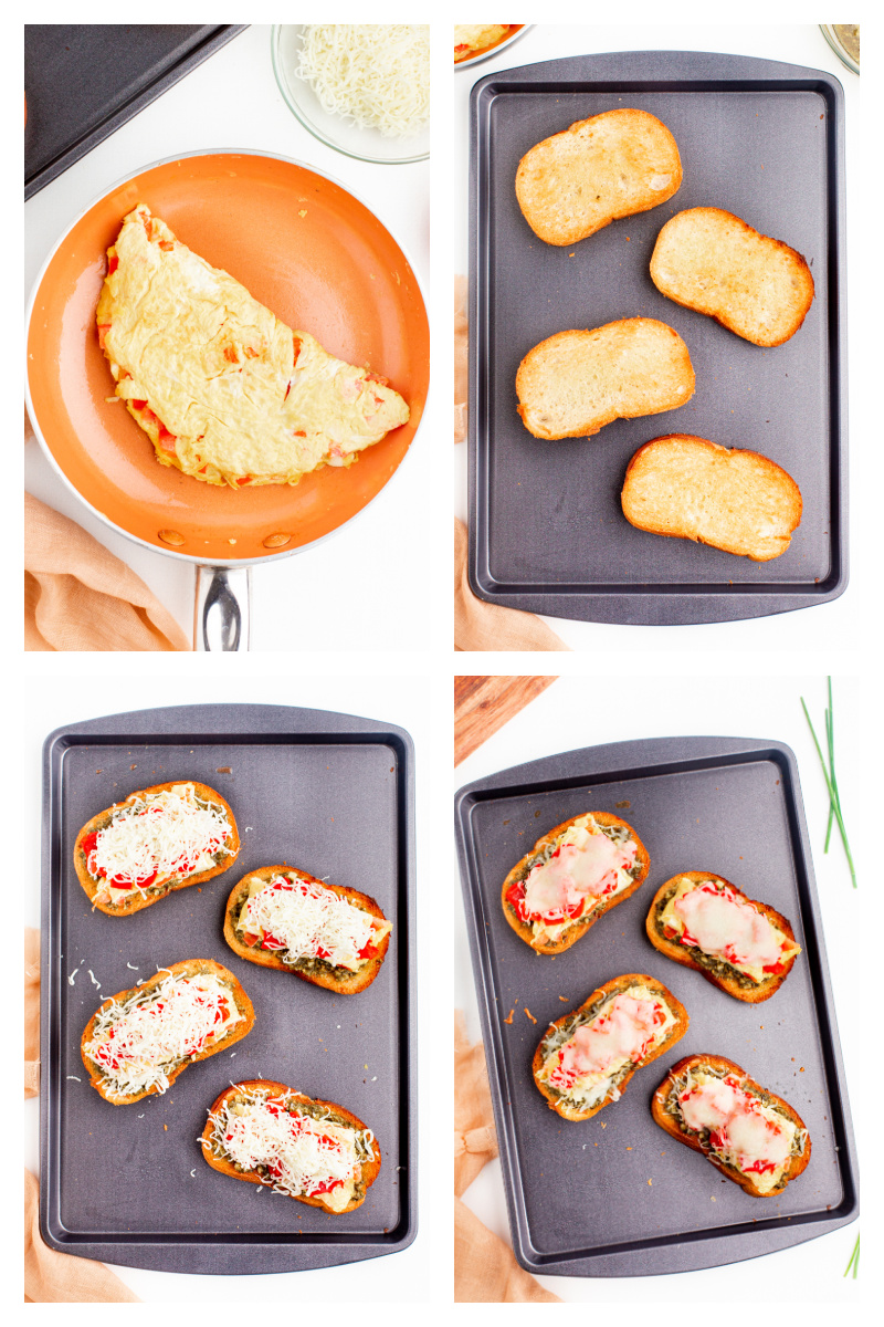 four photos showing how to make breakfast bruschetta