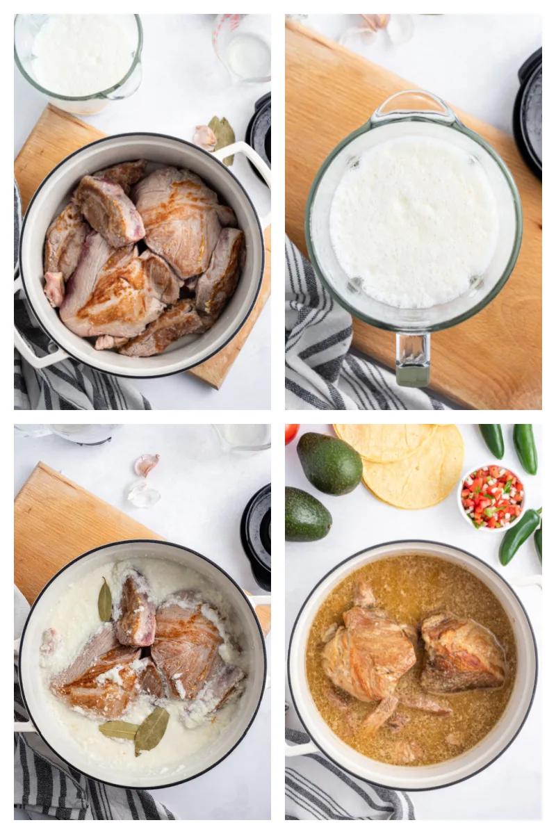 four photos showing cooking carnitas in a pot