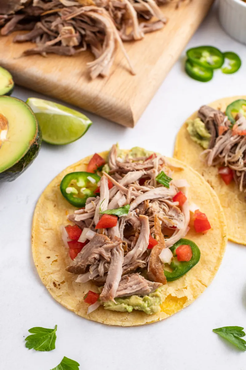 carnitas and fixings on tortillas