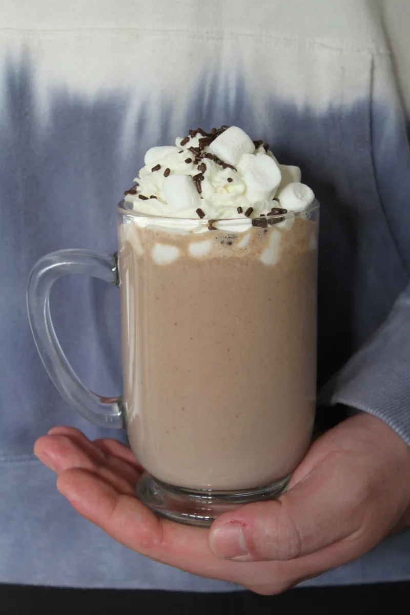 mug of hot chocolate with whipped cream and marshmallows