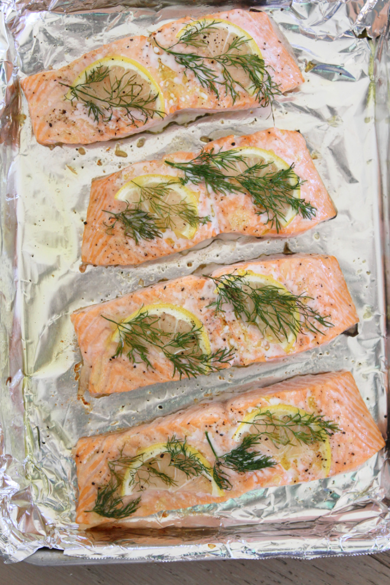 easy baked salmon on a baking tray
