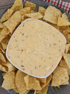 bowl of cheese queso surrounded by chips