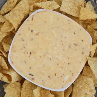 bowl of cheese queso surrounded by chips