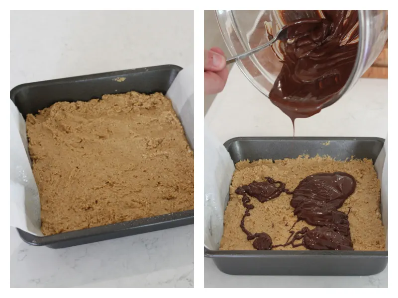 two photos showing peanut butter base in pan and then chocolate drizzled on top