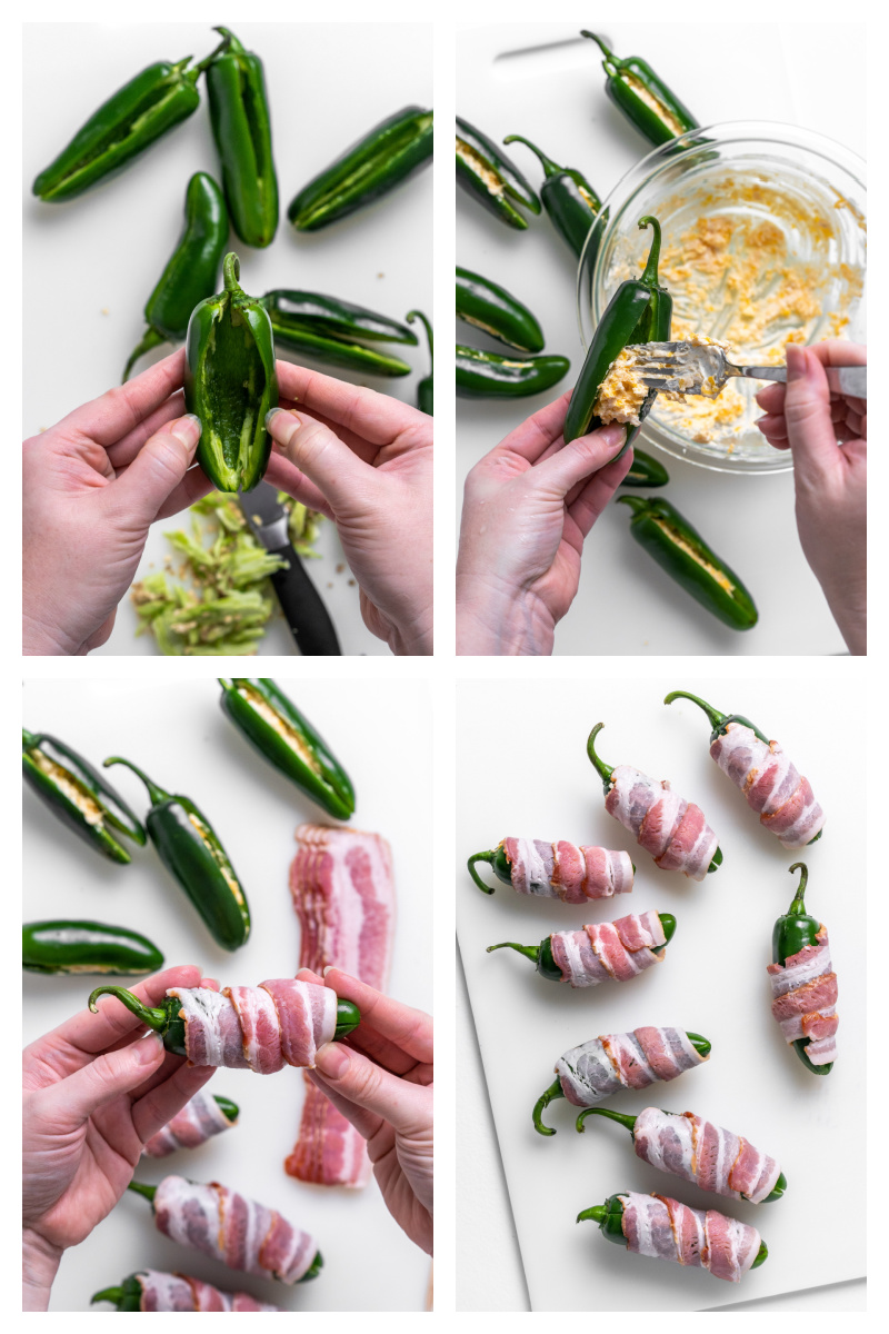 four photos showing how to assemble making bacon wrapped jalapeno poppers