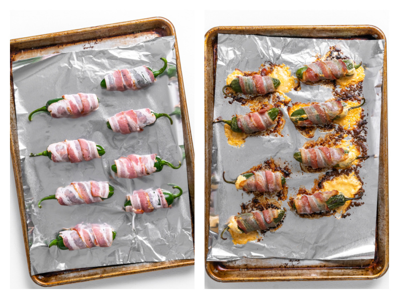 two photos showing bacon wrapped jalapeno poppers on baking sheet and then another photo baked