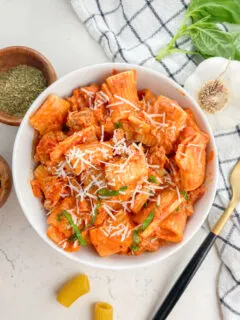 tomato sausage rigatoni in a bowl