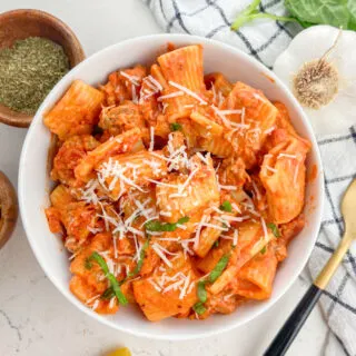 tomato sausage rigatoni in a bowl