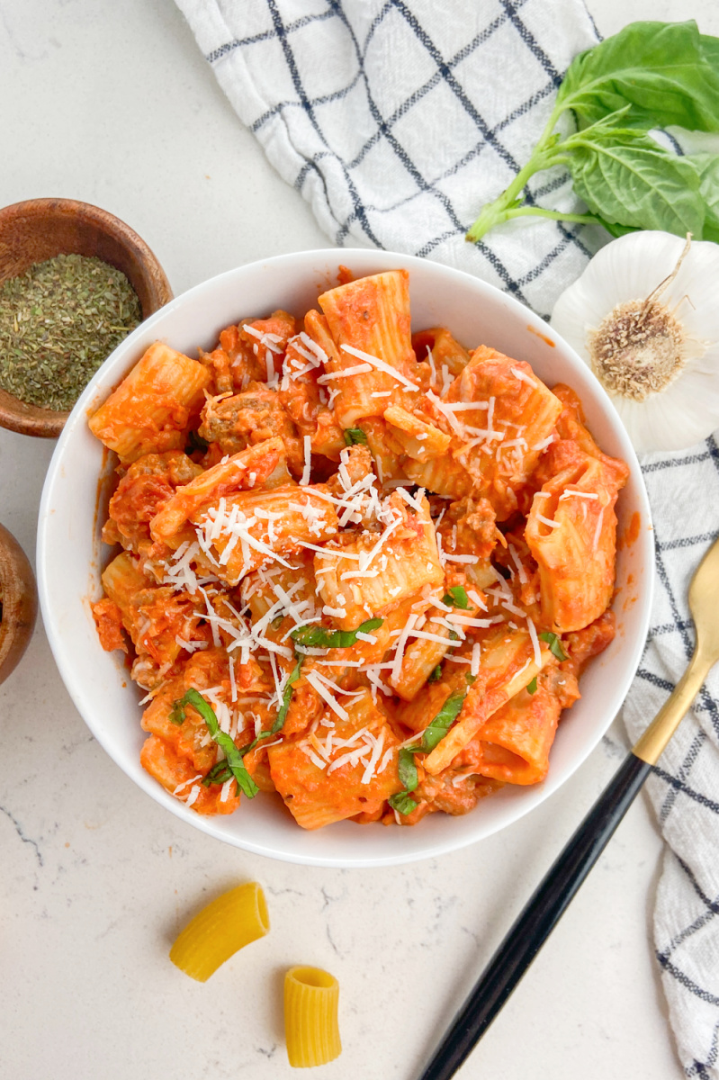 tomato sausage rigatoni in a bowl