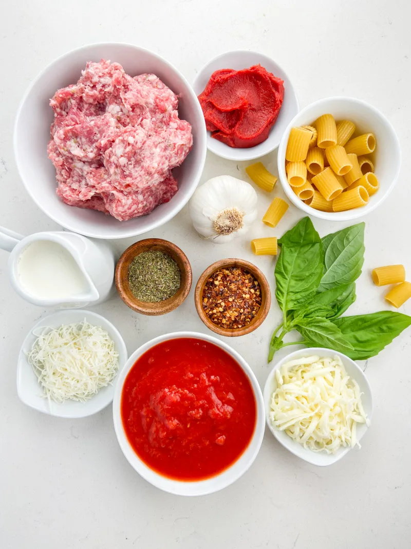 ingredients displayed for making creamy tomato sausage rigatoni