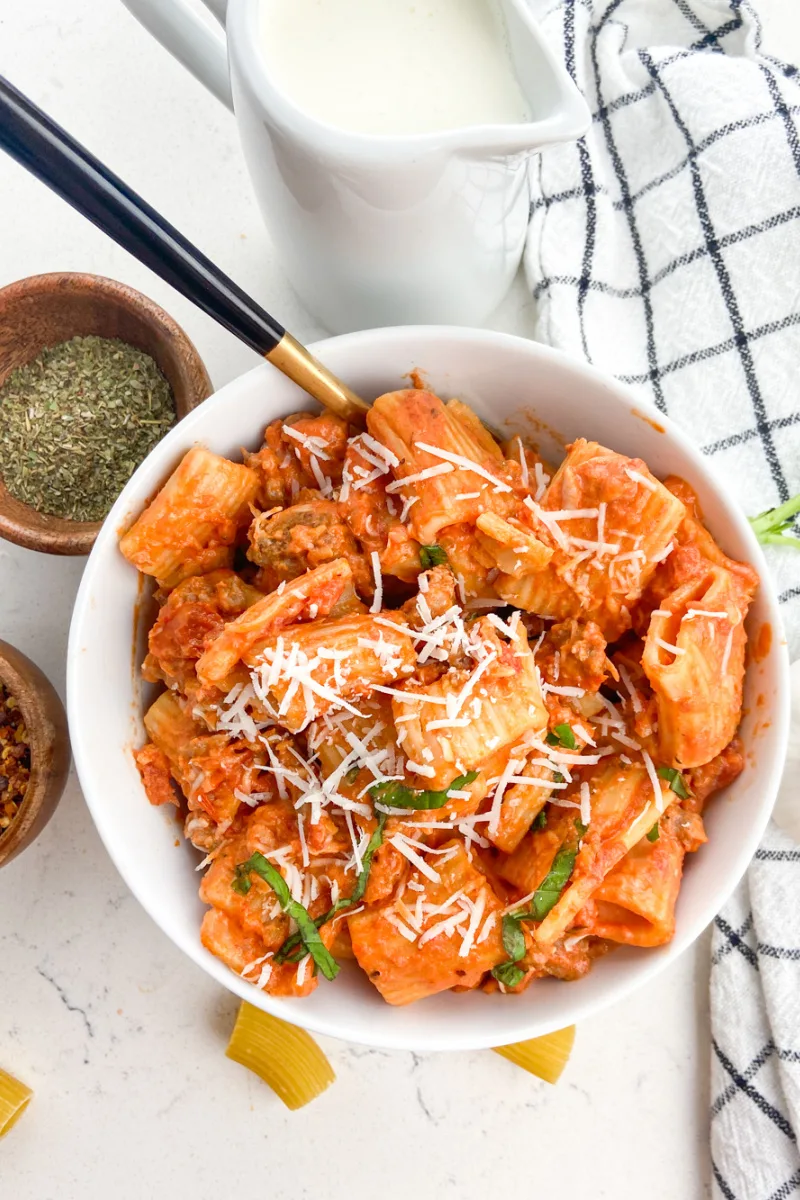 tomato sausage rigatoni in a bowl