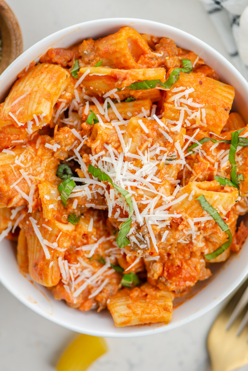 creamy tomato sausage rigatoni in a bowl