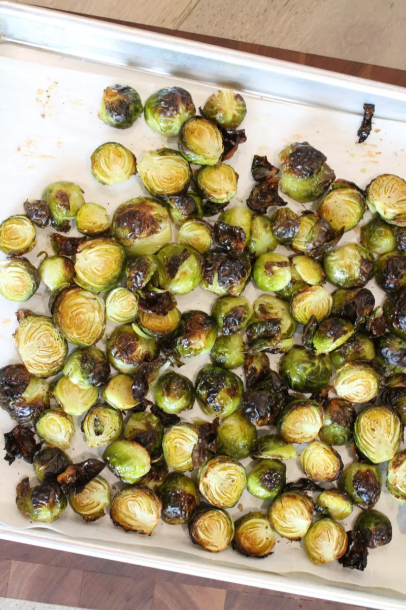 roasted brussels sprouts on a baking sheet