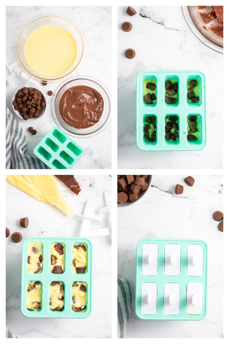four photos showing how to make reeses pudding pops