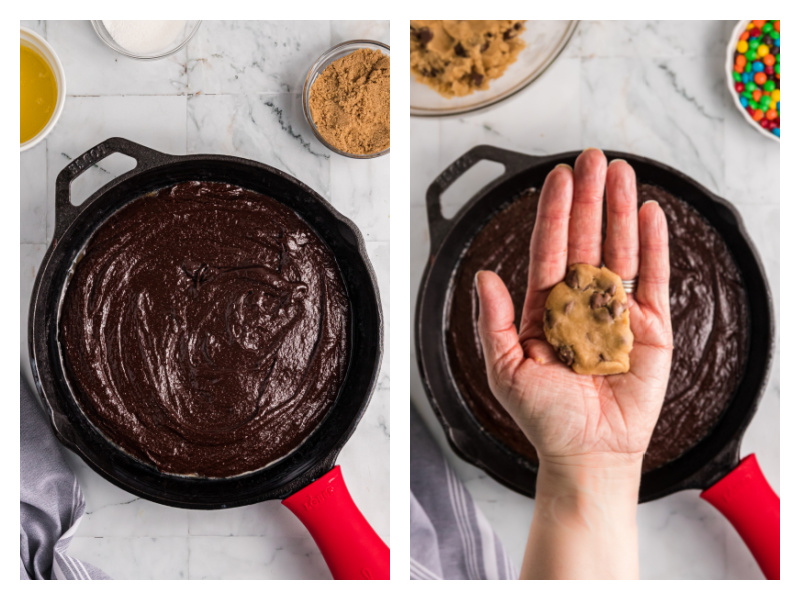 skillet brownie and then adding cookie dough on top