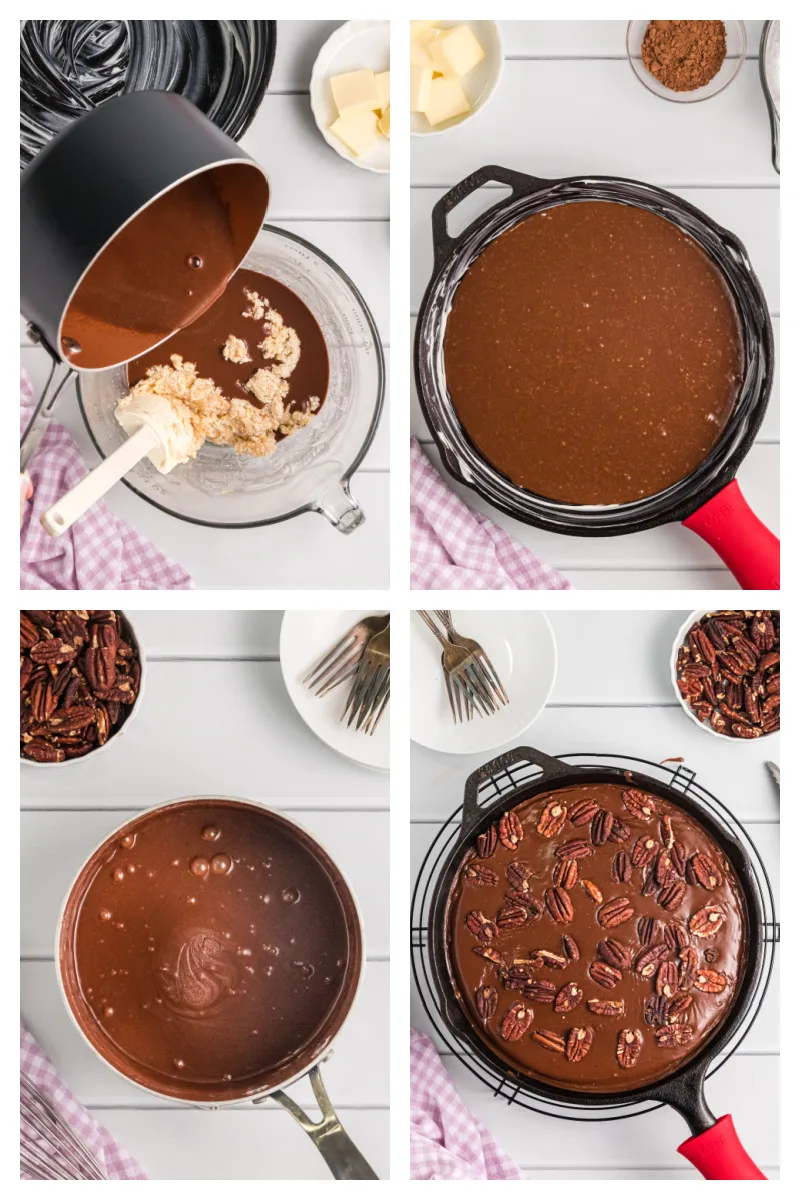 four photos showing how to make texas skillet cake