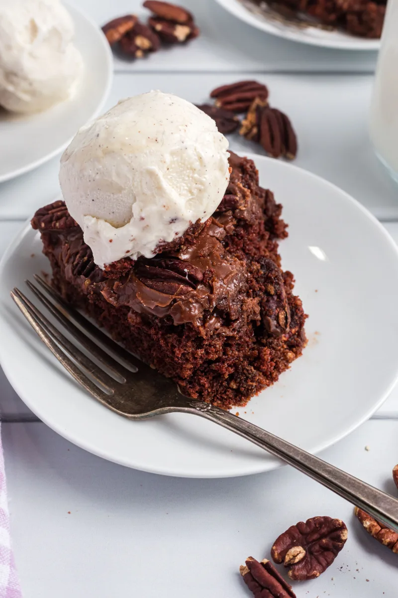 texas skillet cake served on plate with vanilla ice cream