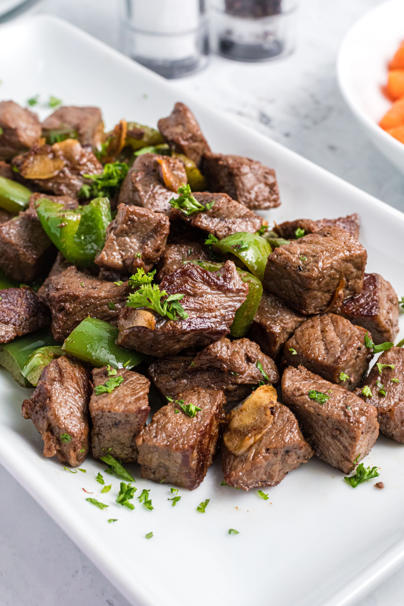 garlic butter steak bites on a platter