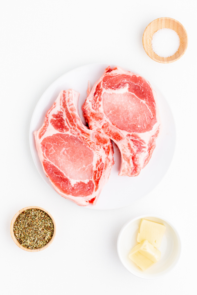 ingredients displayed for making juicy skillet pork chops