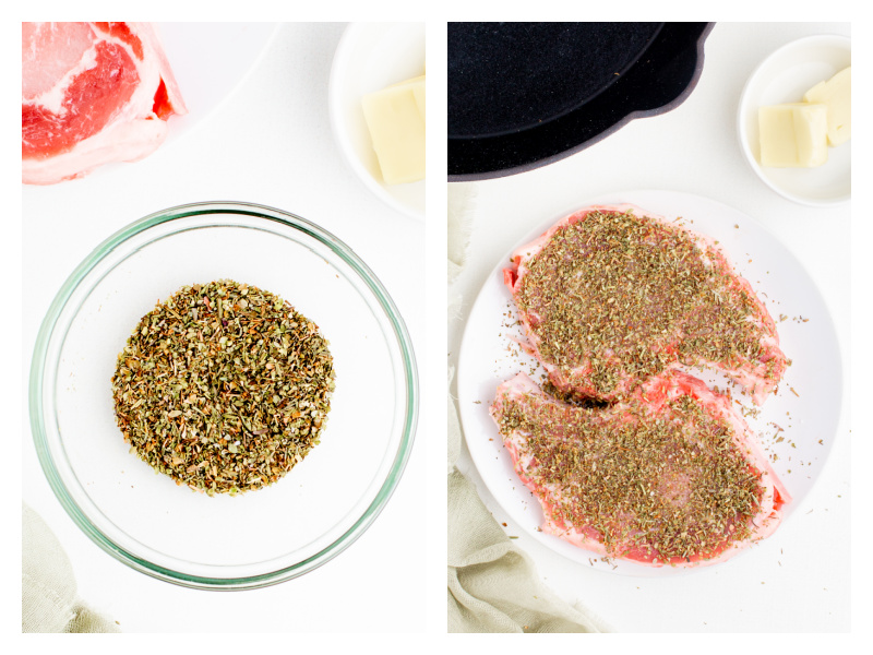 two photos spice in a bowl and pork chops seasoned on plate