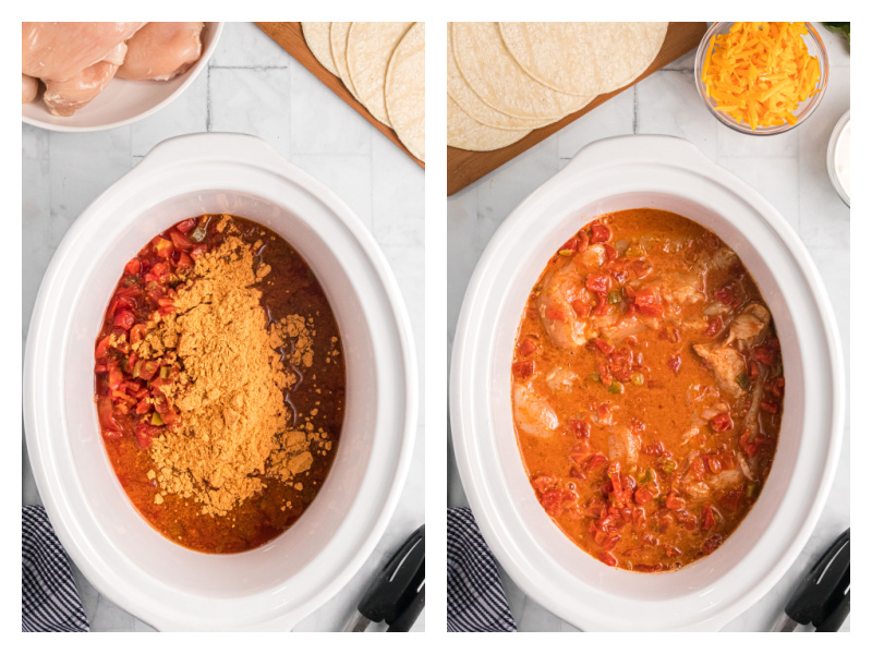 two photos showing process of making slow cooker mexican chicken in insert