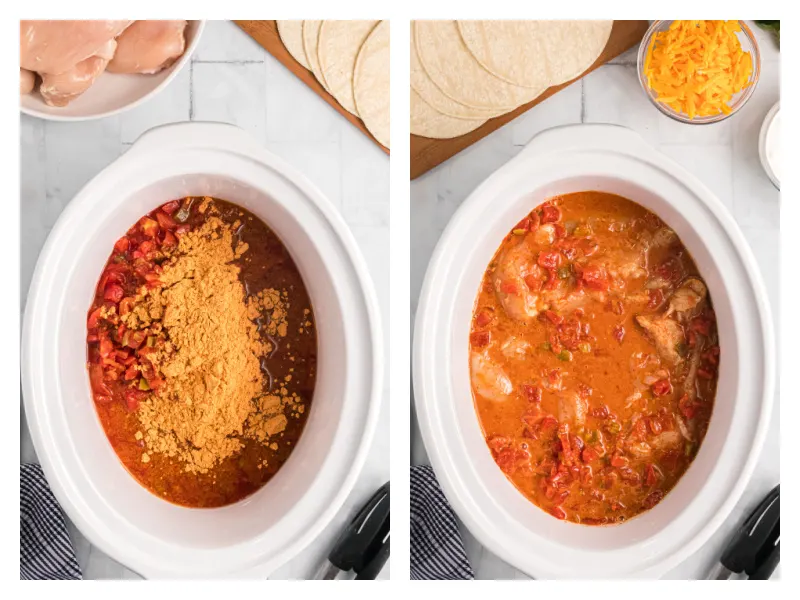 two photos showing process of making slow cooker mexican chicken in insert