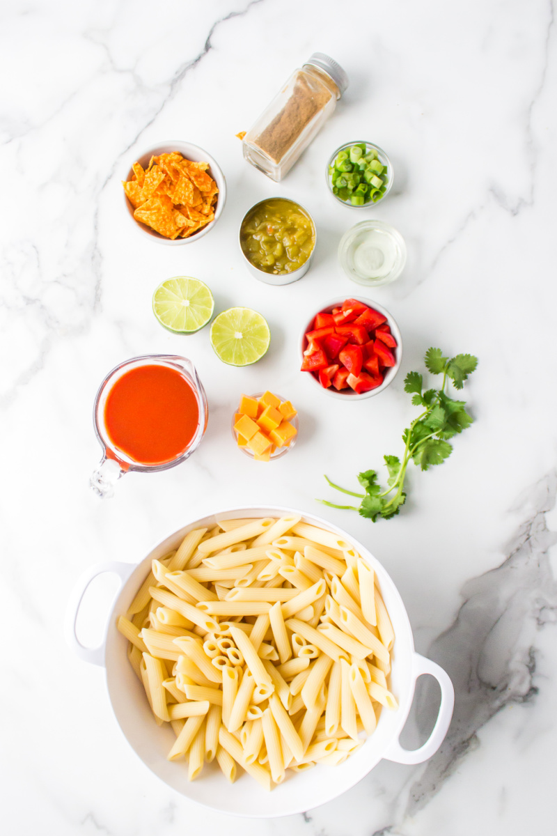 ingredients displayed for making texas pasta salad
