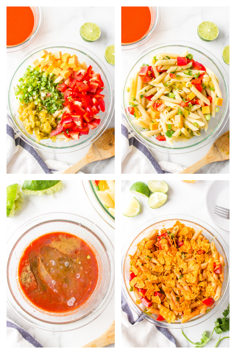 four photos showing how to make texas pasta salad