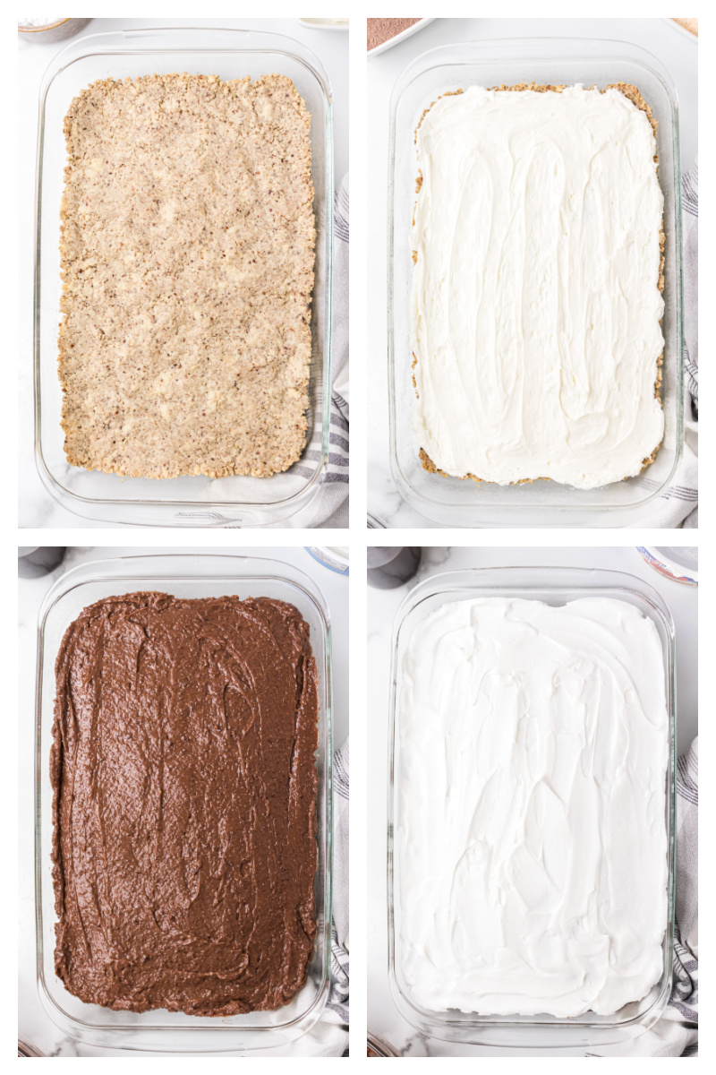 four photos showing how to assemble chocolate delight dessert