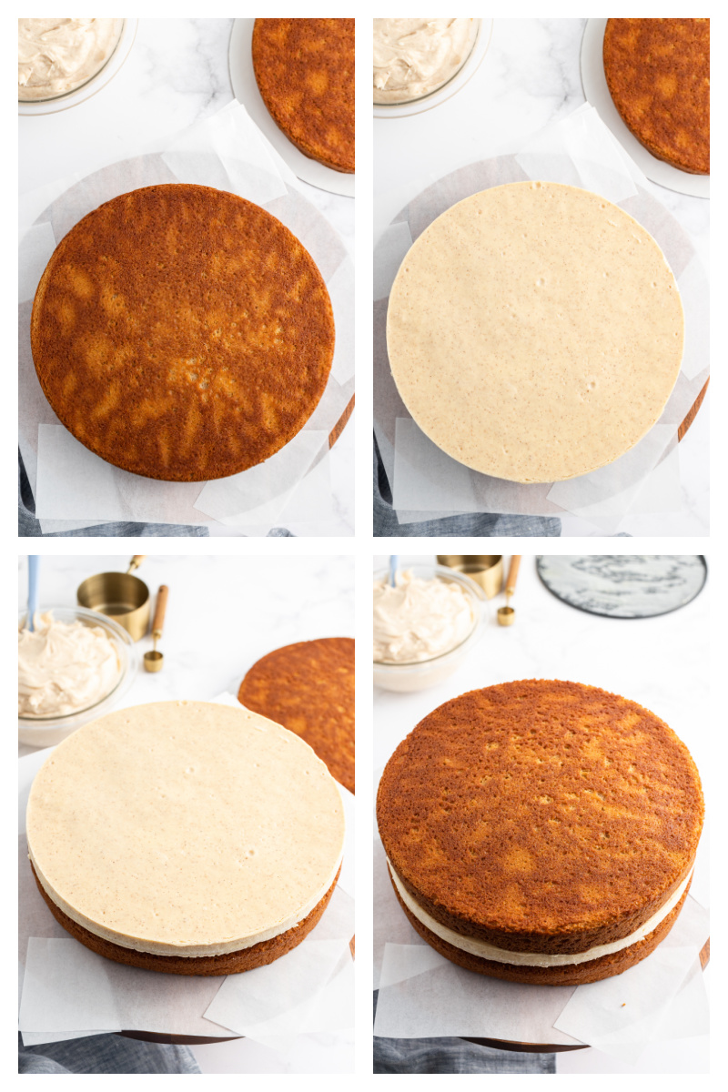 four photos showing assembly of snickerdoodle cheesecake cake