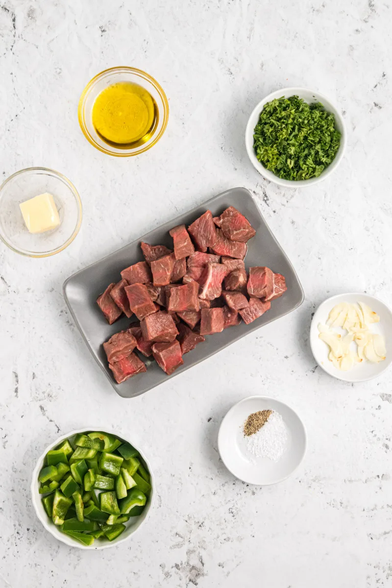 ingredients displayed for making garlic butter steak bites