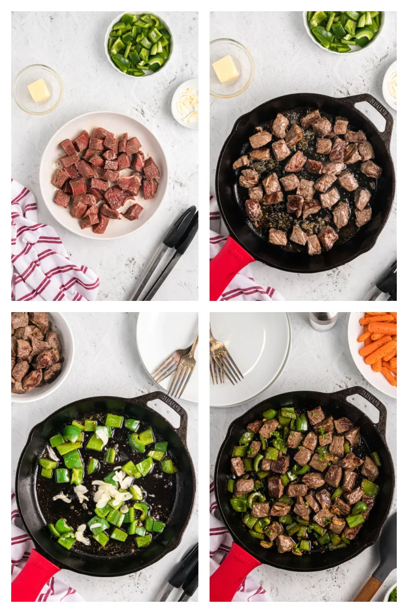 four photos showing how to make garlic butter steak bites