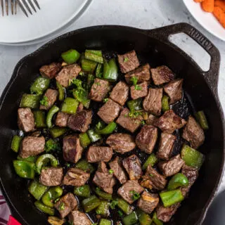 garlic butter steak bites in cast iron skillet