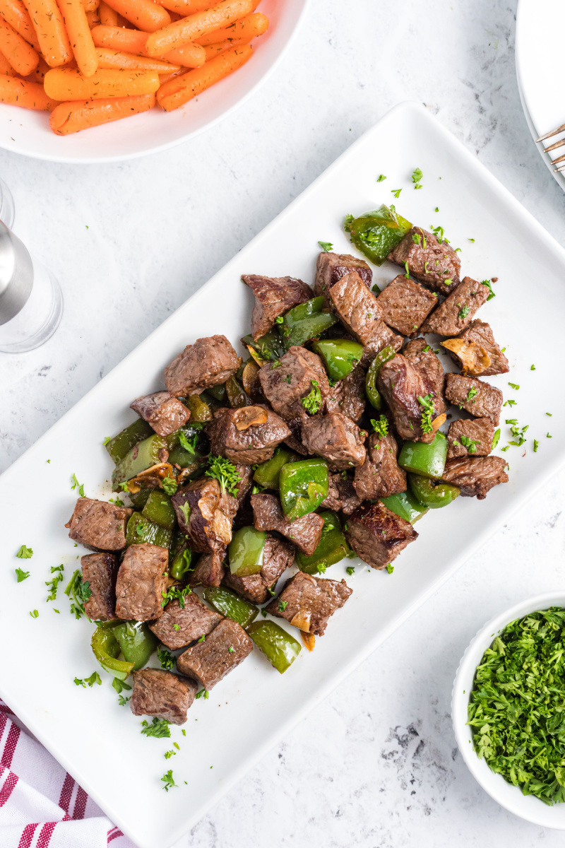 garlic butter steak bites on a platter