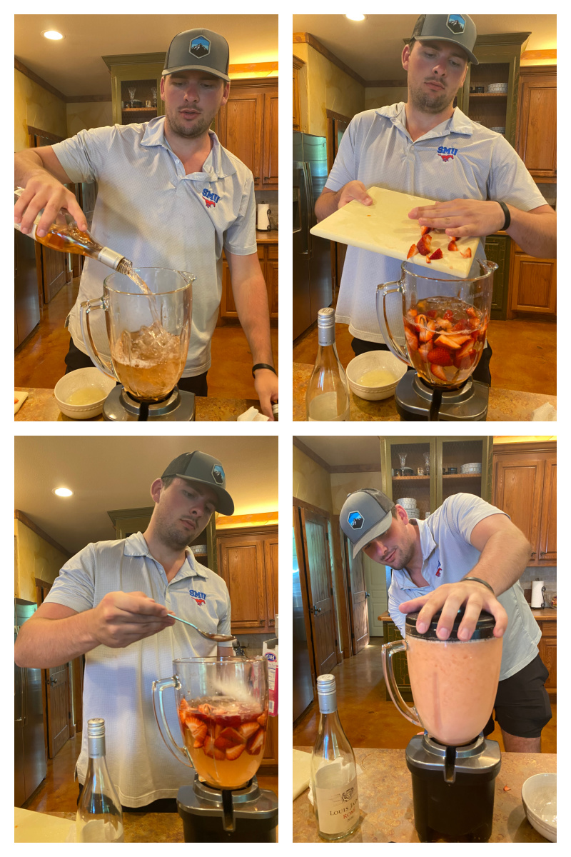 four photos showing recipeboy making strawberry frose