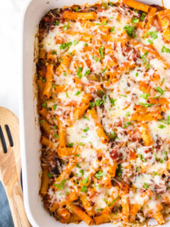 meat lover's pizza casserole in a baking dish