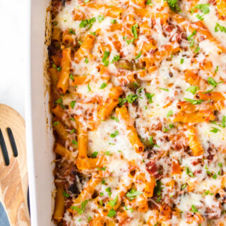 meat lover's pizza casserole in a baking dish
