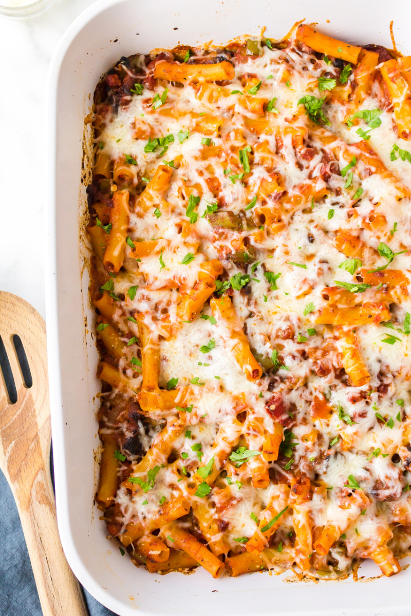 meat lover's pizza casserole in a baking dish