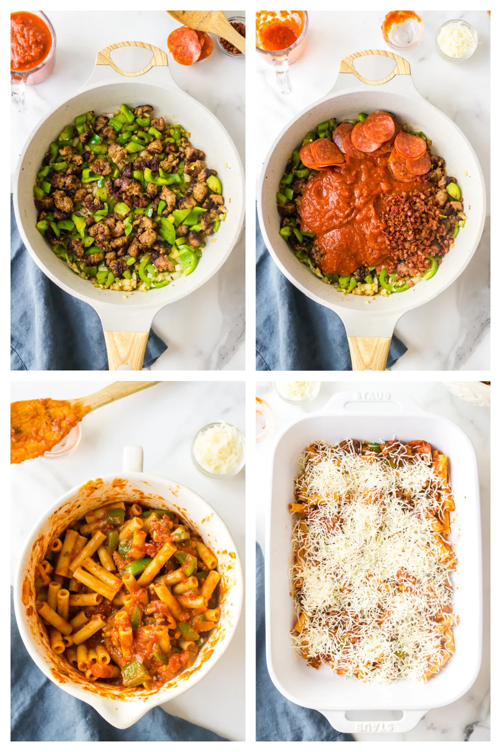 four photos showing how to make a pizza casserole