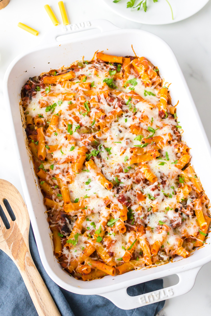 meat lover's pizza casserole in white baking dish