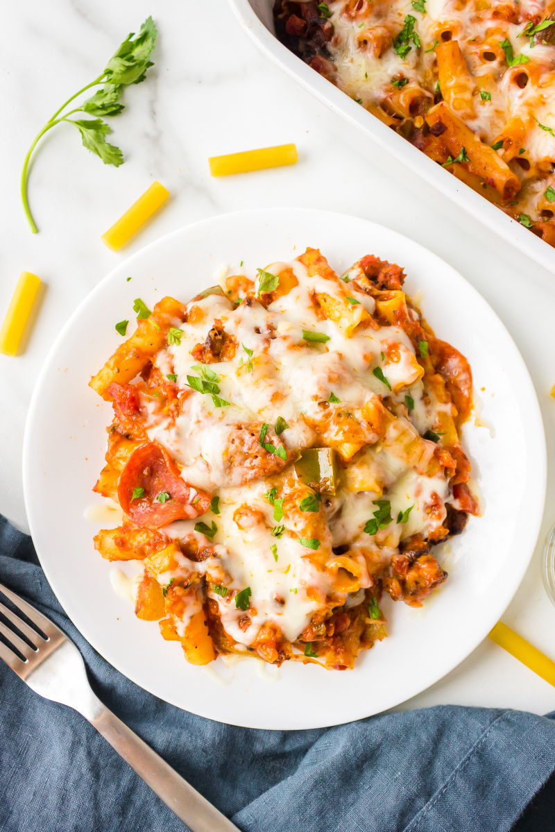 pizza casserole on a white plate