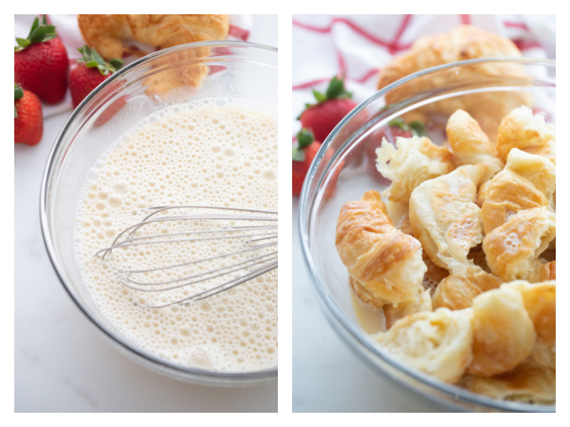 two photos custard in bowl and custard poured over torn croissants