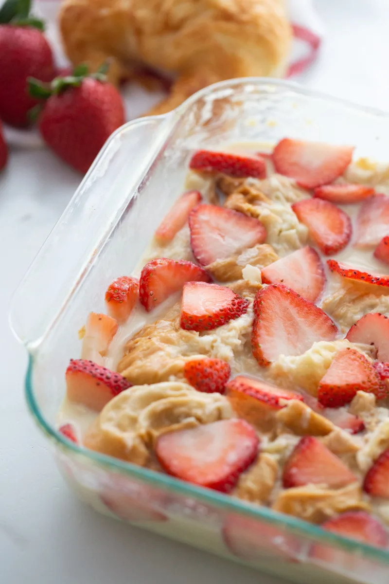 strawberry croissant pudding ready for oven