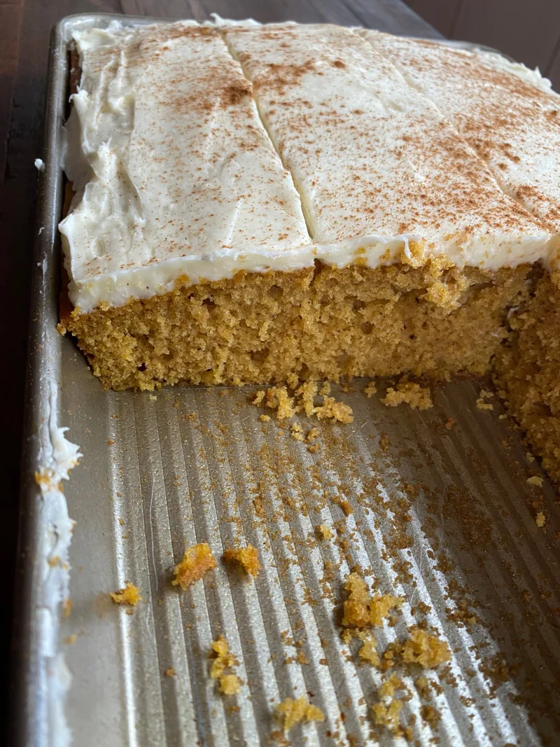 pumpkin sheet cake in a pan