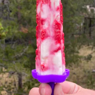 hand holding raspberry yogurt popsicle