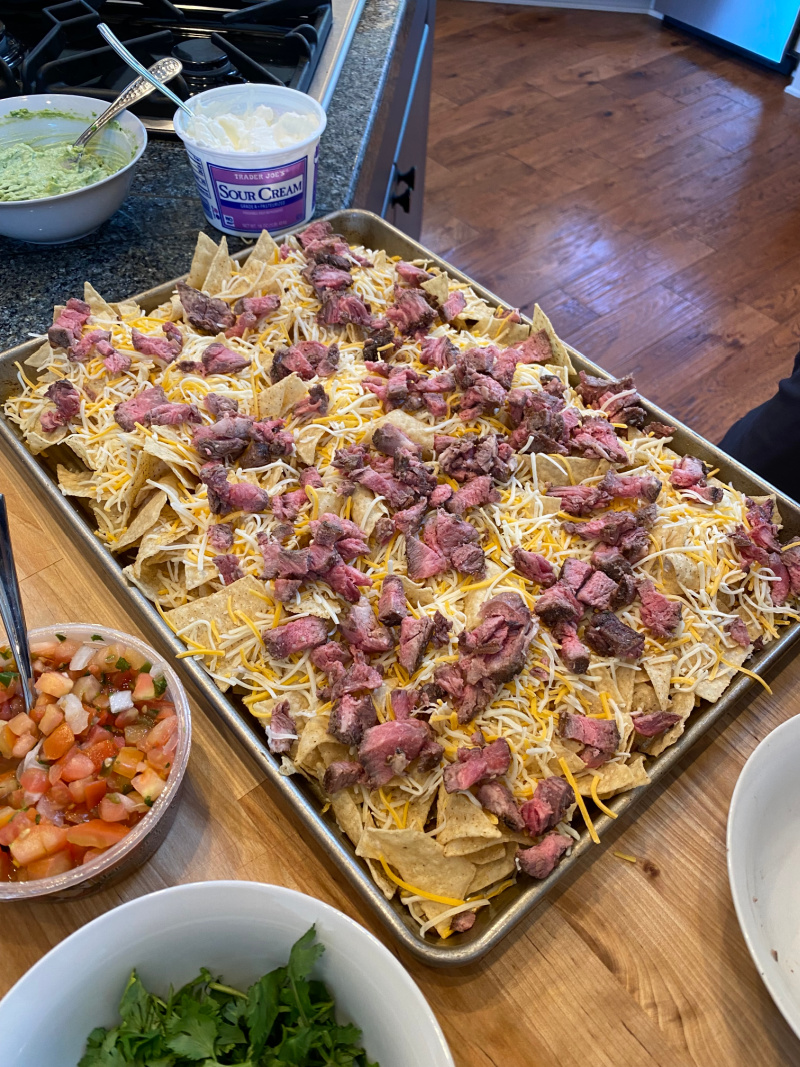 sheet pan steak nachos ready for oven