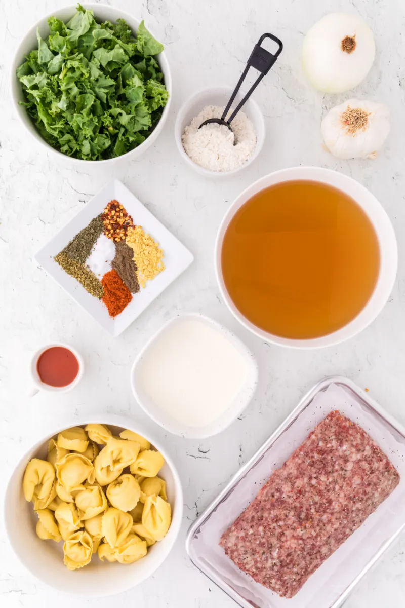 ingredients displayed for making sausage tortellini soup
