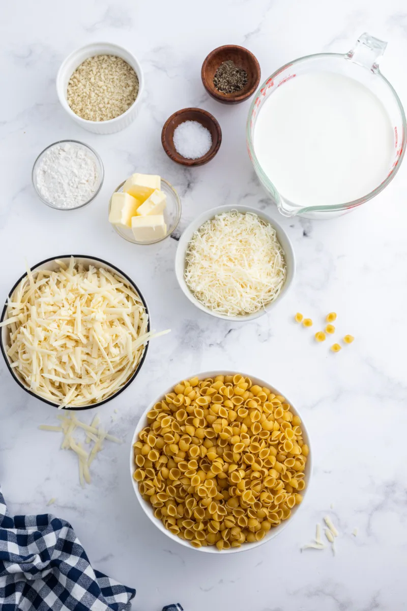 ingredients displayed for making cacio e pepe macaroni and cheese