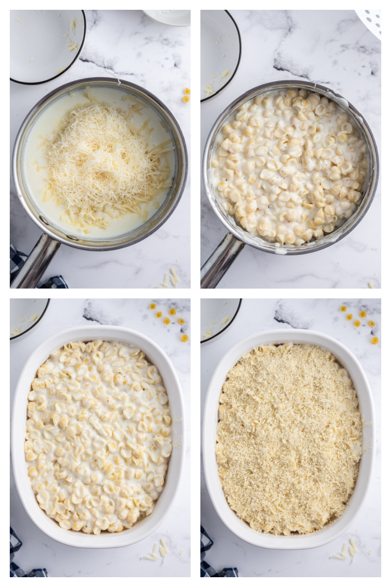four photos showing how to make macaroni and cheese