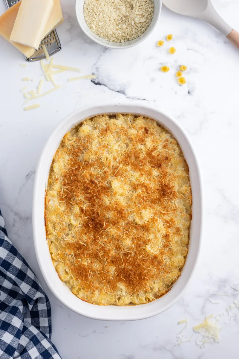 casserole dish of cacio e pepe macaroni and cheese